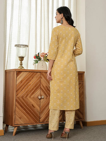 Yellow Floral Thread Work Straight Kurta Trouser Dupatta Set