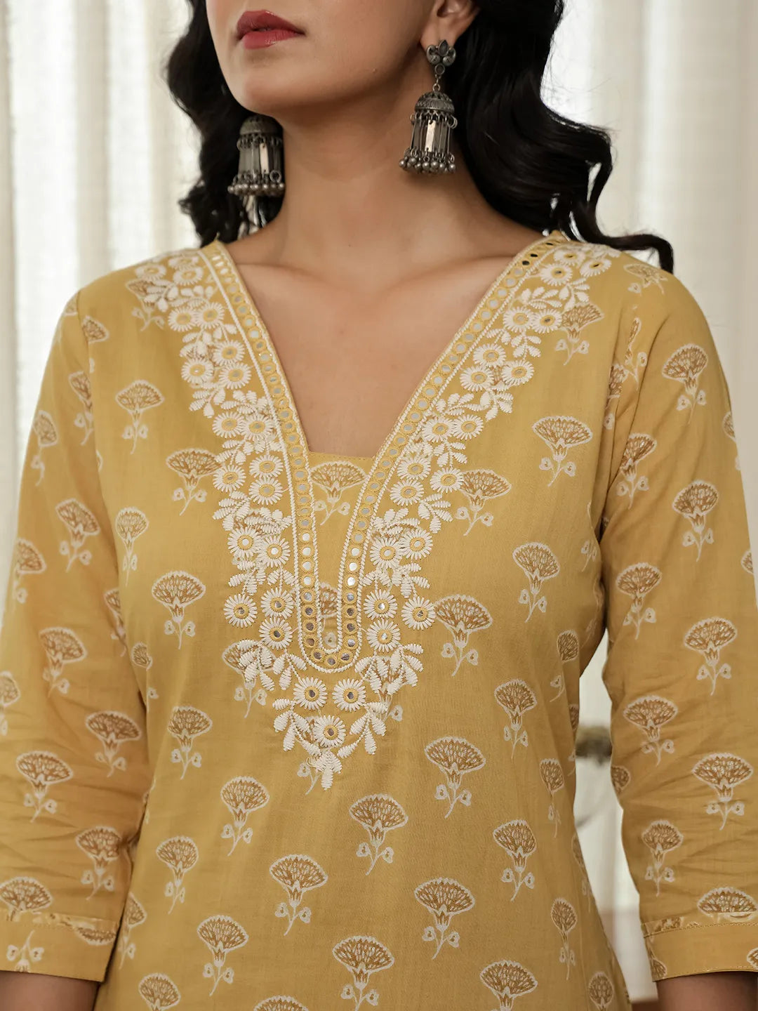 Yellow Floral Thread Work Straight Kurta Trouser Dupatta Set