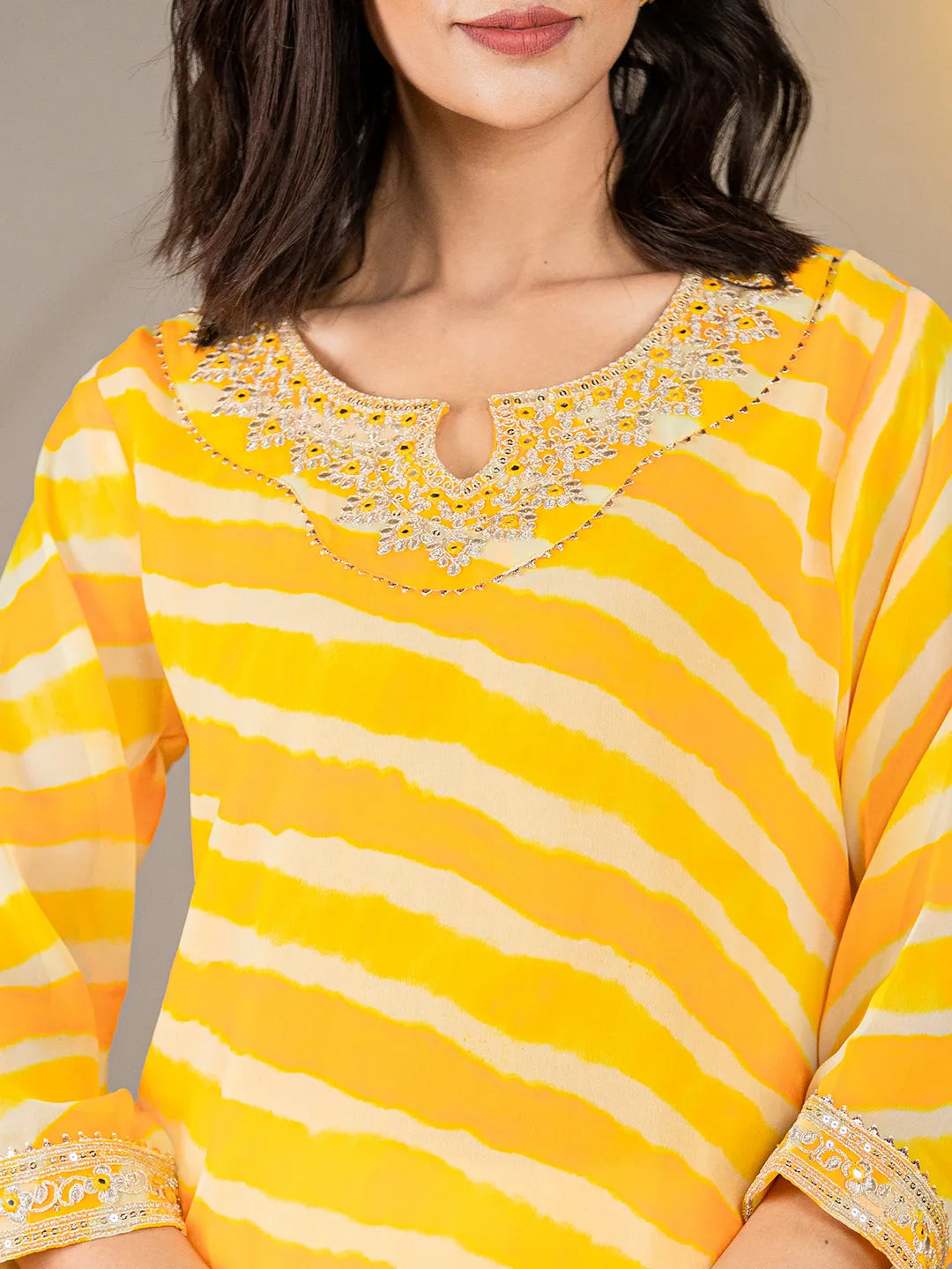 Yellow Georgette Lahiya Embroidery Kurta