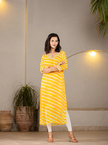 Yellow Georgette Lahiya Embroidery Kurta