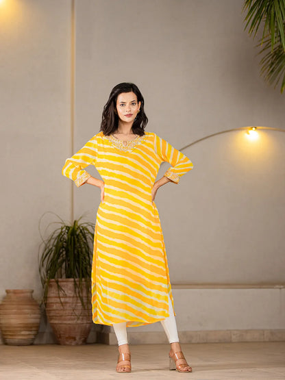 Yellow Georgette Lahiya Embroidery Kurta