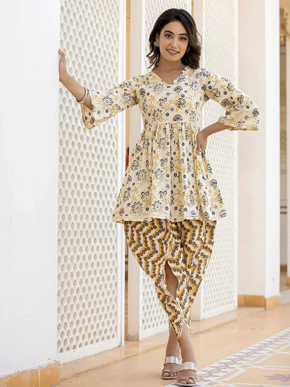 Yellow Gotta Patti Kurti with Dhoti Pants Set