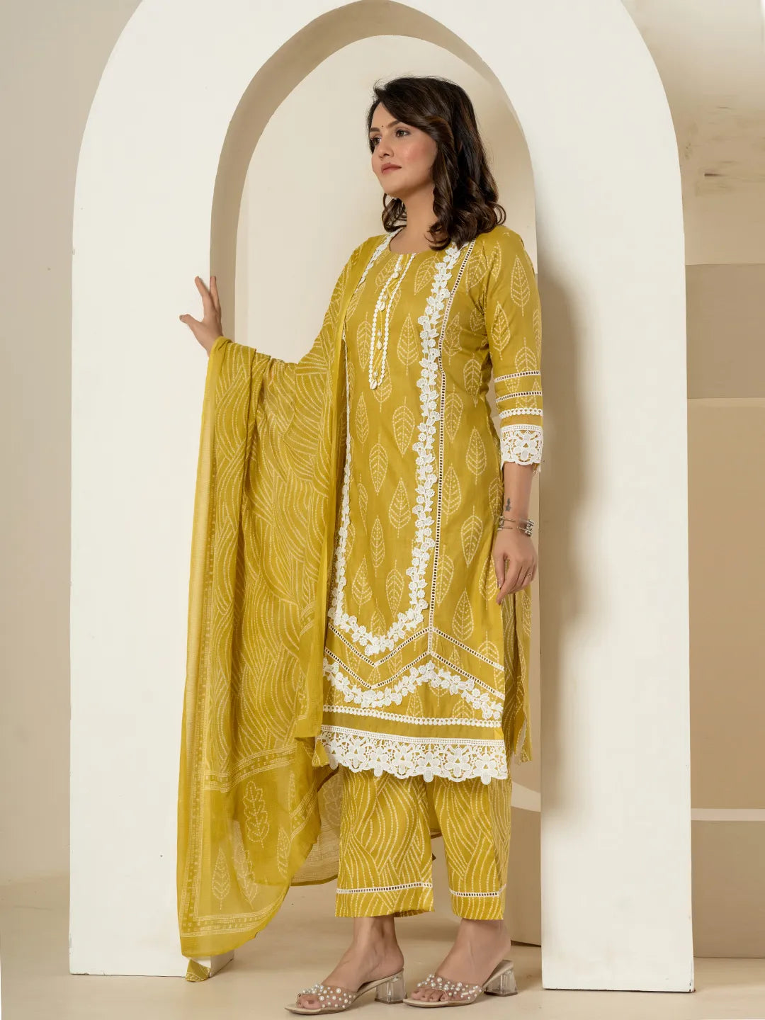 Yellow Patch Work Pure Cotton Straight Kurta And Dupatta Set
