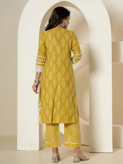 Yellow Patch Work Pure Cotton Straight Kurta And Dupatta Set