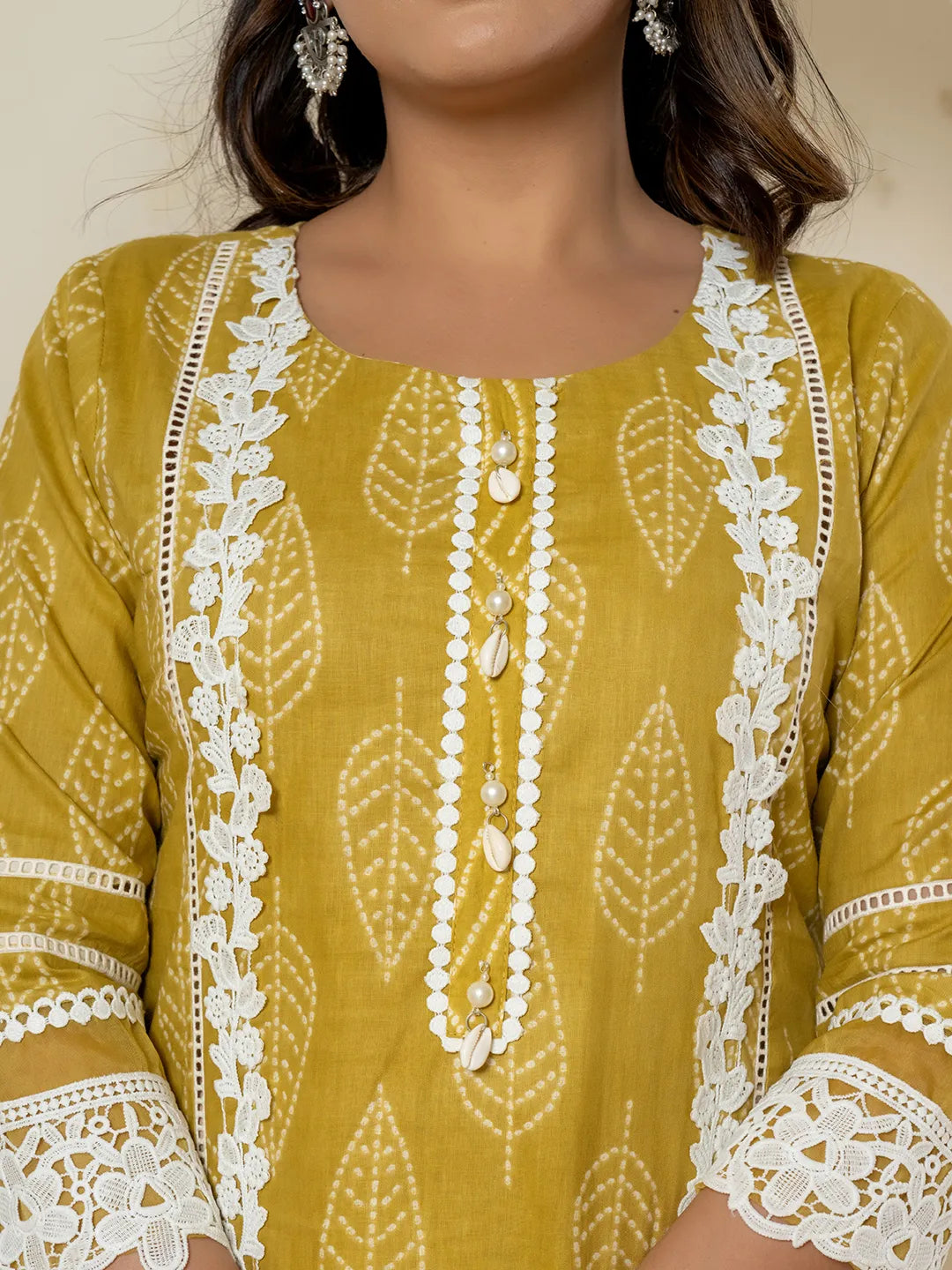 Yellow Patch Work Pure Cotton Straight Kurta And Dupatta Set