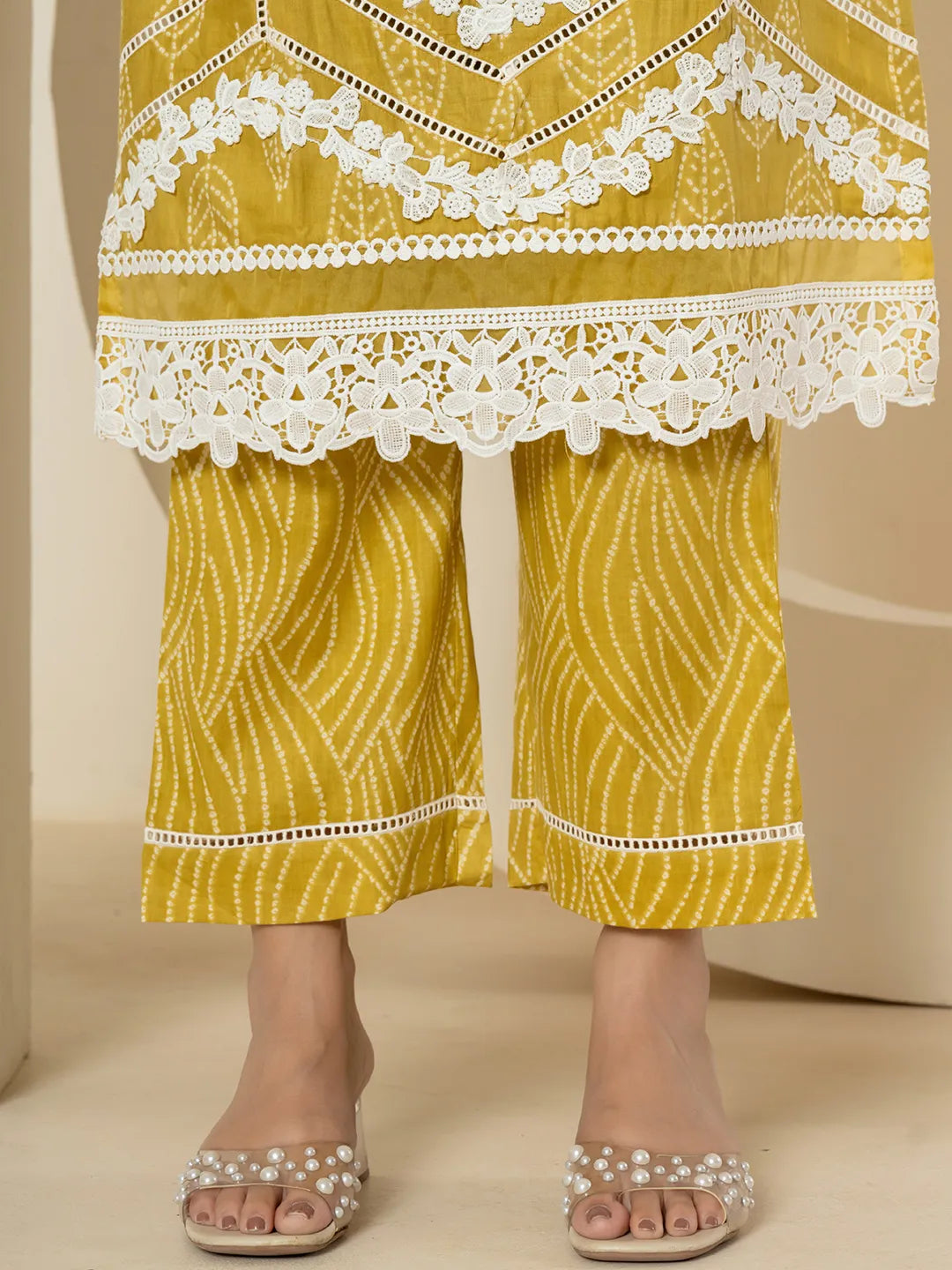 Yellow Patch Work Pure Cotton Straight Kurta And Dupatta Set