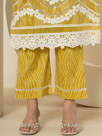 Yellow Patch Work Pure Cotton Straight Kurta And Dupatta Set