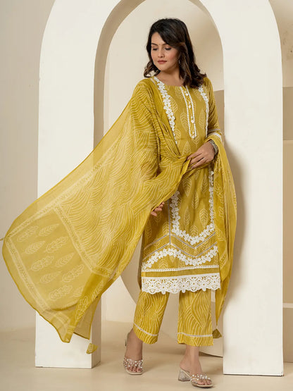 Yellow Patch Work Pure Cotton Straight Kurta And Dupatta Set