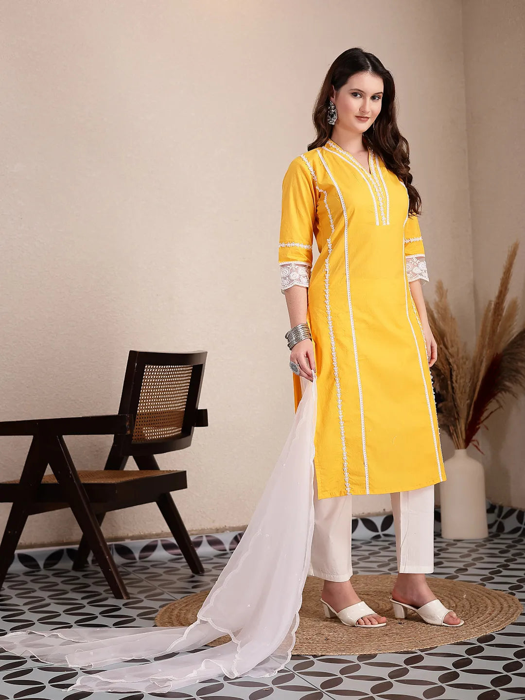 Yellow Premium Cotton Kurta Dupatta Pant Set