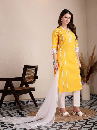 Yellow Premium Cotton Kurta Dupatta Pant Set