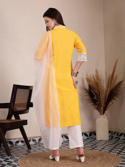 Yellow Premium Cotton Kurta Dupatta Pant Set