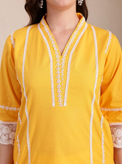 Yellow Premium Cotton Kurta Dupatta Pant Set