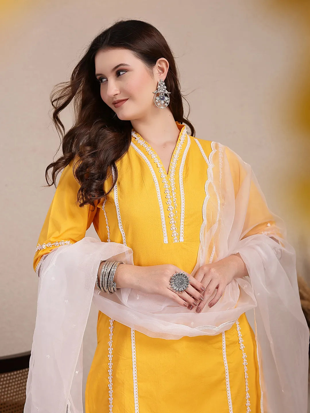 Yellow Premium Cotton Kurta Dupatta Pant Set