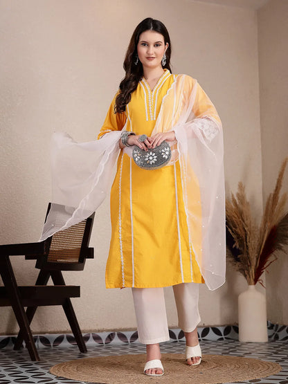 Yellow Premium Cotton Kurta Dupatta Pant Set