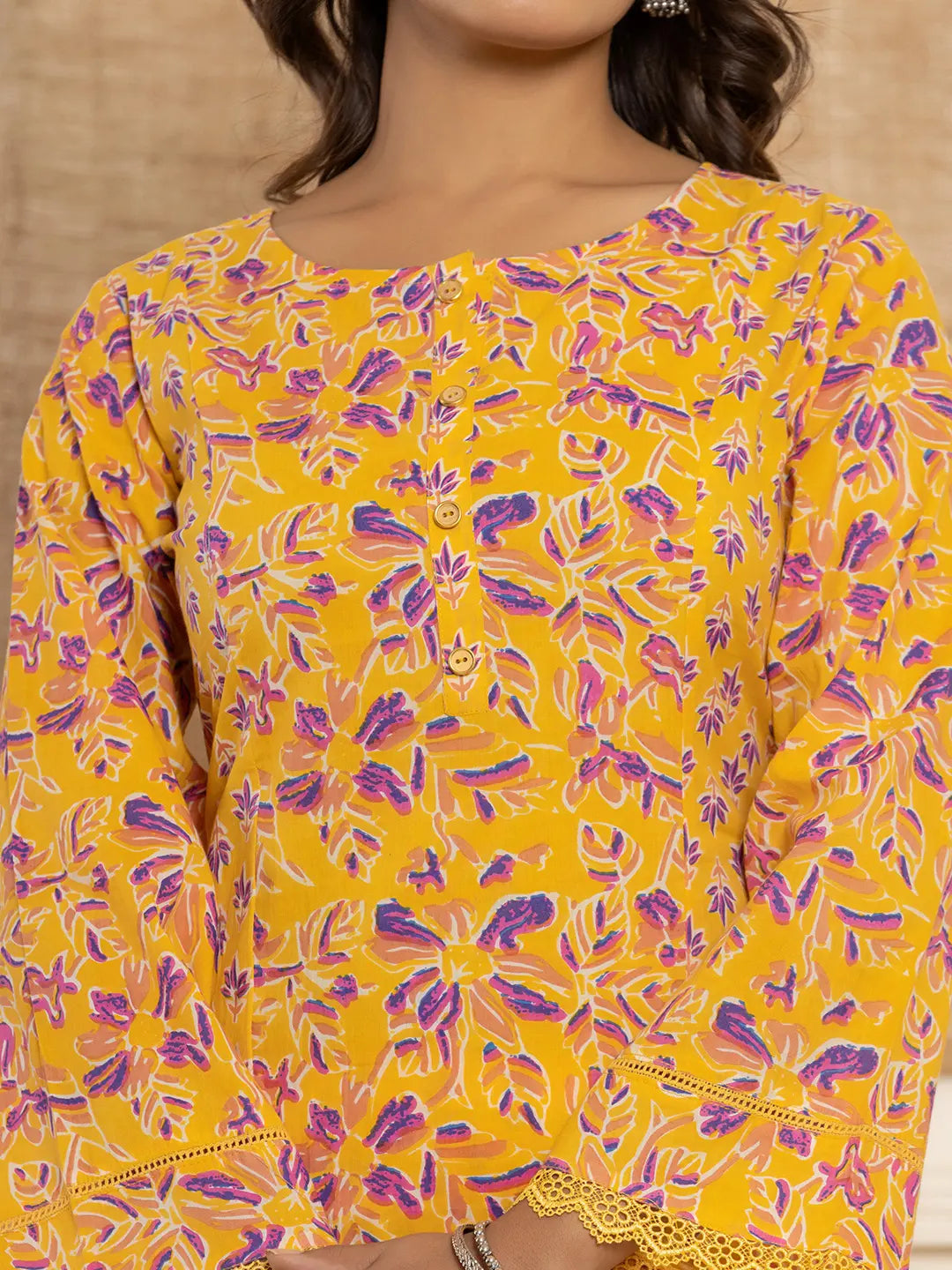 Yellow Printed Pakistani Style Kurta And Trousers With Dupatta Set