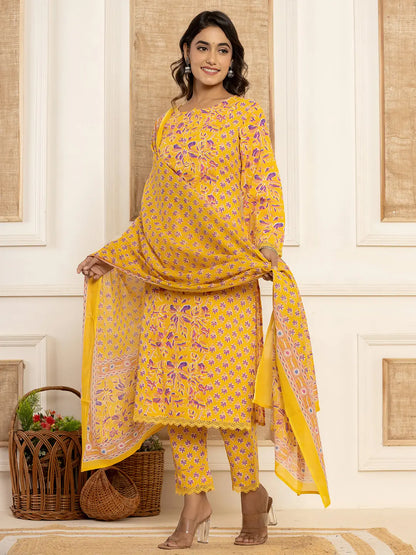 Yellow Printed Pakistani Style Kurta And Trousers With Dupatta Set