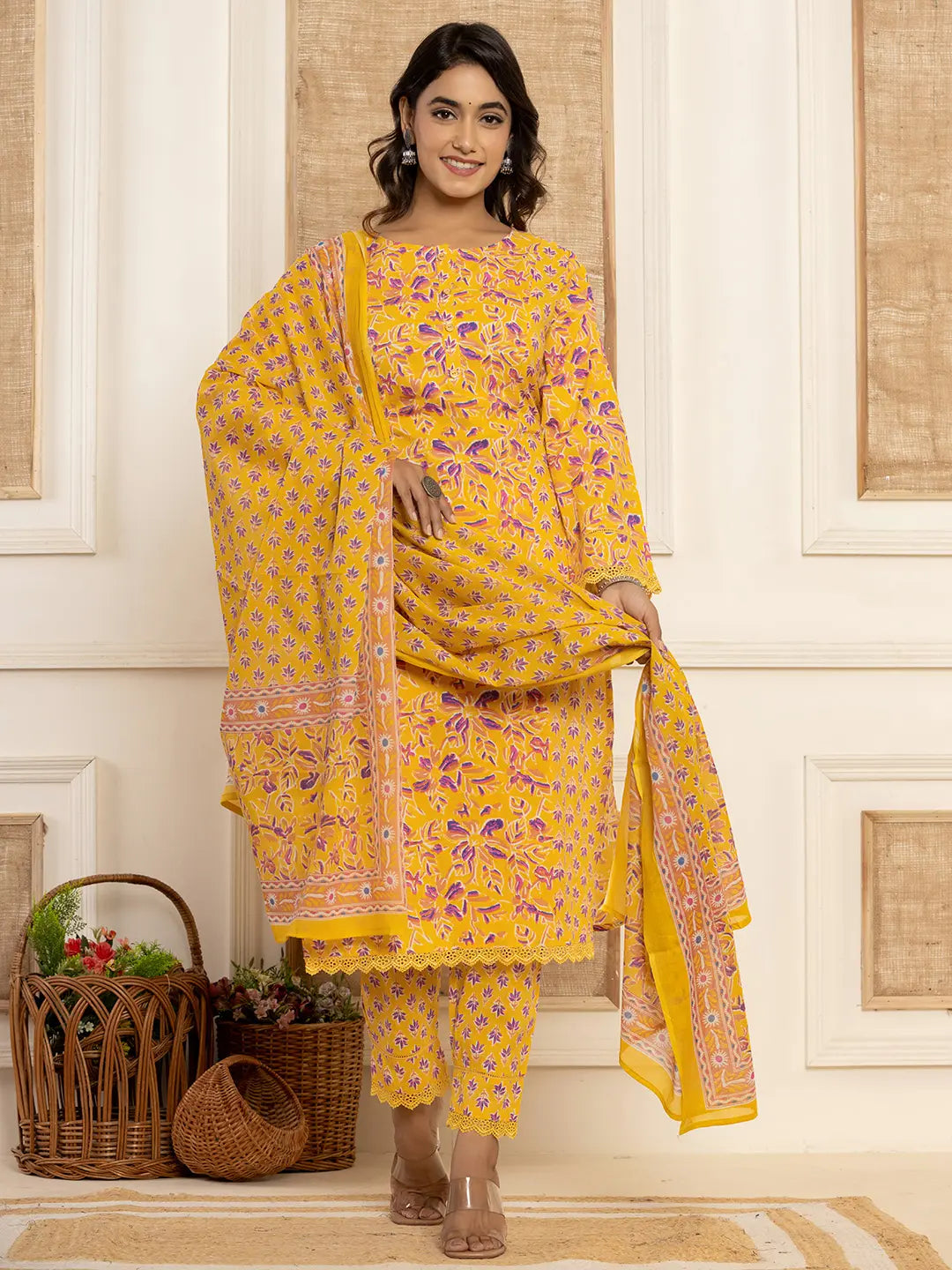 Yellow Printed Pakistani Style Kurta And Trousers With Dupatta Set