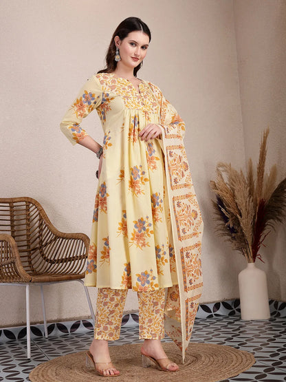 Yellow Pure Cotton A-Line Pleated Kurta Dupatta Pant Set