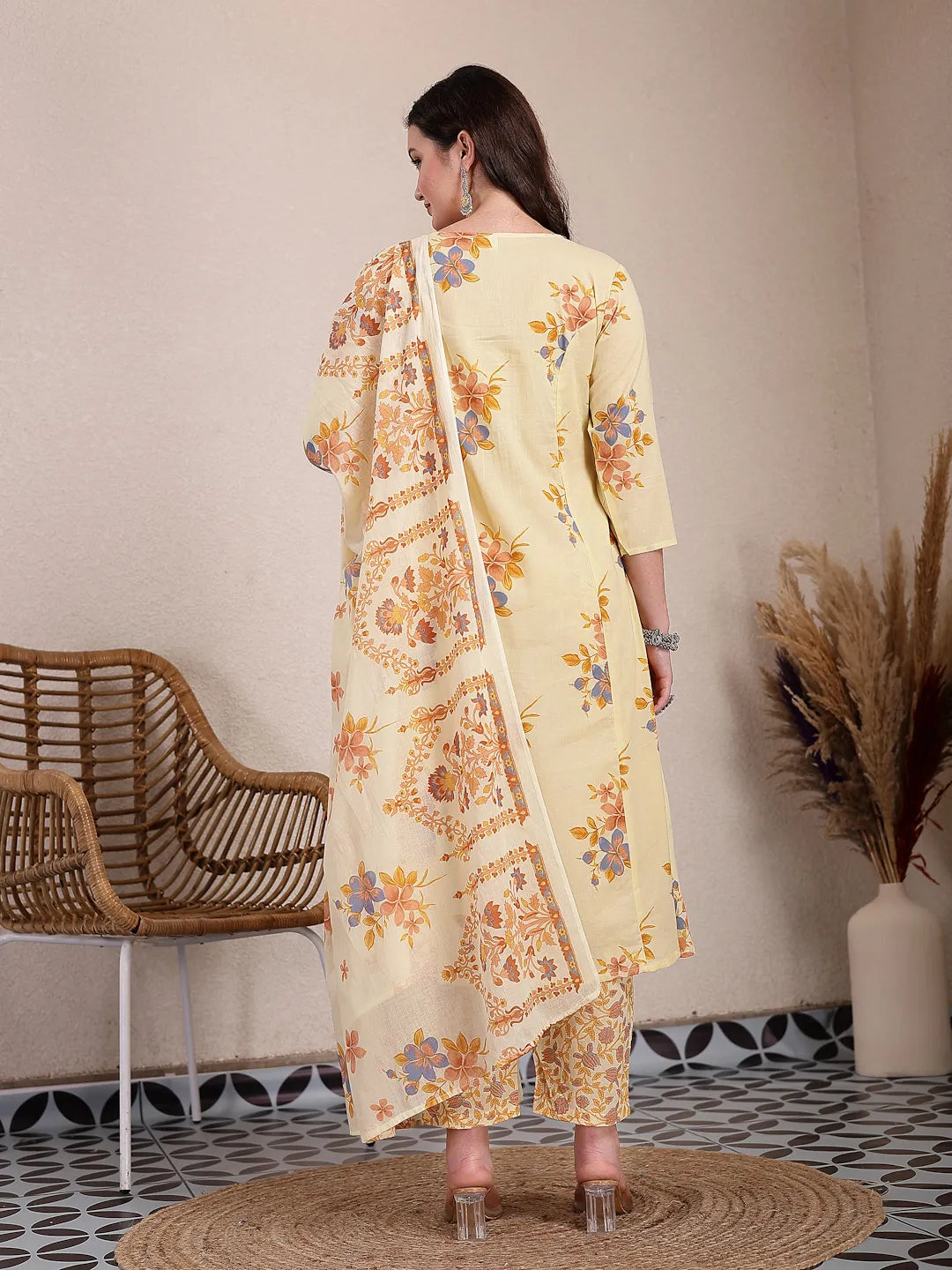 Yellow Pure Cotton A-Line Pleated Kurta Dupatta Pant Set