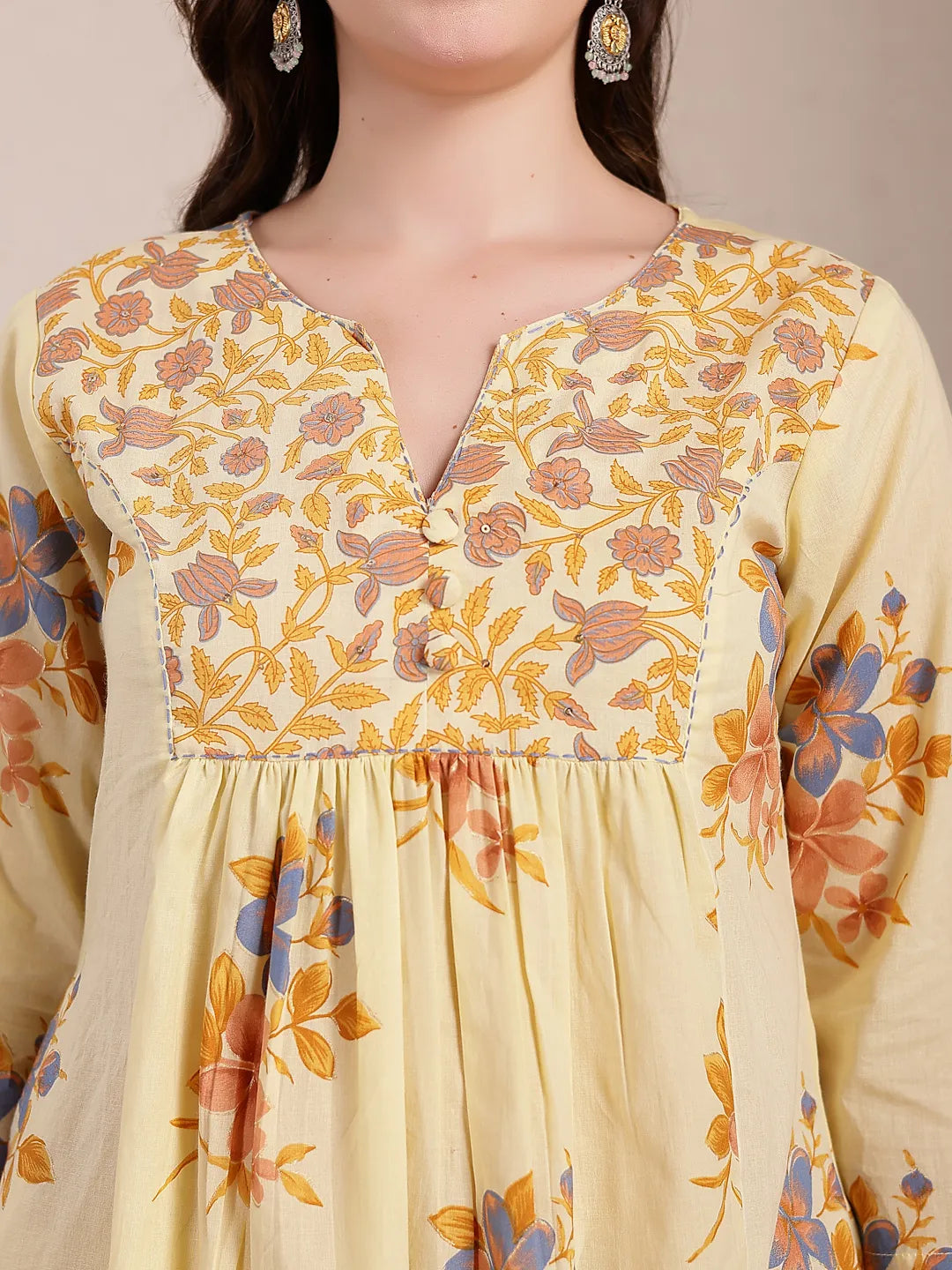 Yellow Pure Cotton A-Line Pleated Kurta Dupatta Pant Set