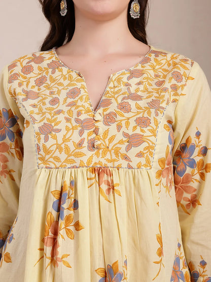 Yellow Pure Cotton A-Line Pleated Kurta Dupatta Pant Set