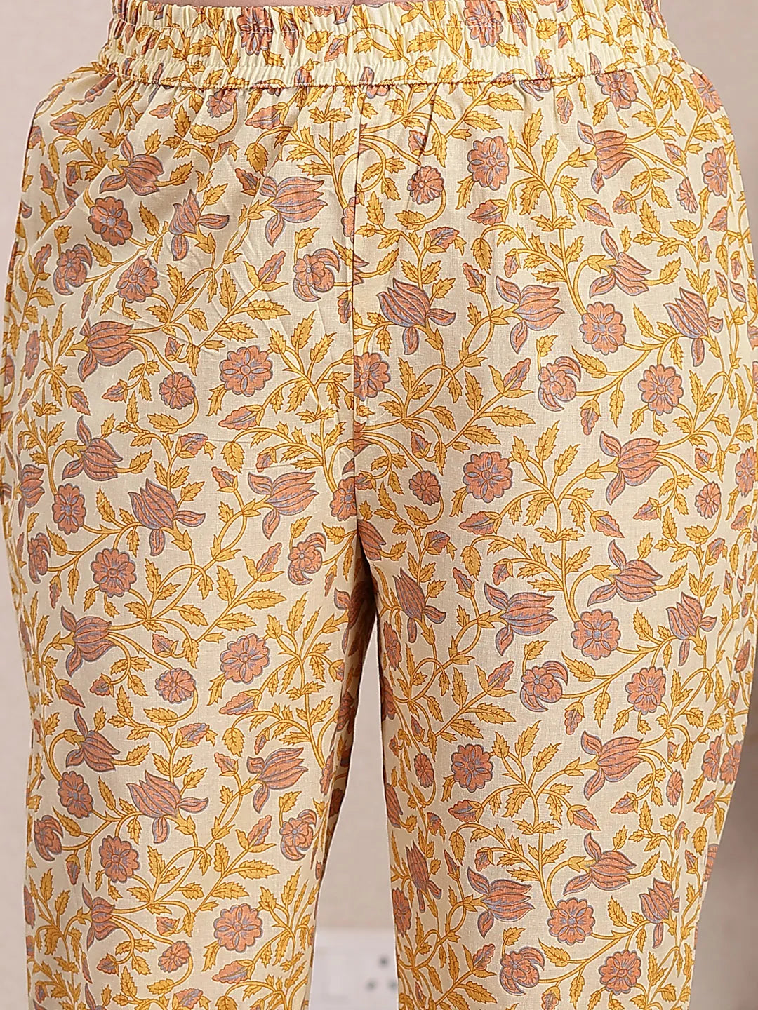 Yellow Pure Cotton A-Line Pleated Kurta Dupatta Pant Set