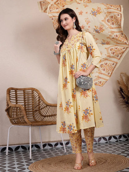 Yellow Pure Cotton A-Line Pleated Kurta Dupatta Pant Set