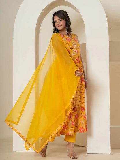 Yellow Pure Cotton Fit And Flare Tiered Kurta Trouser & Dupatta Set
