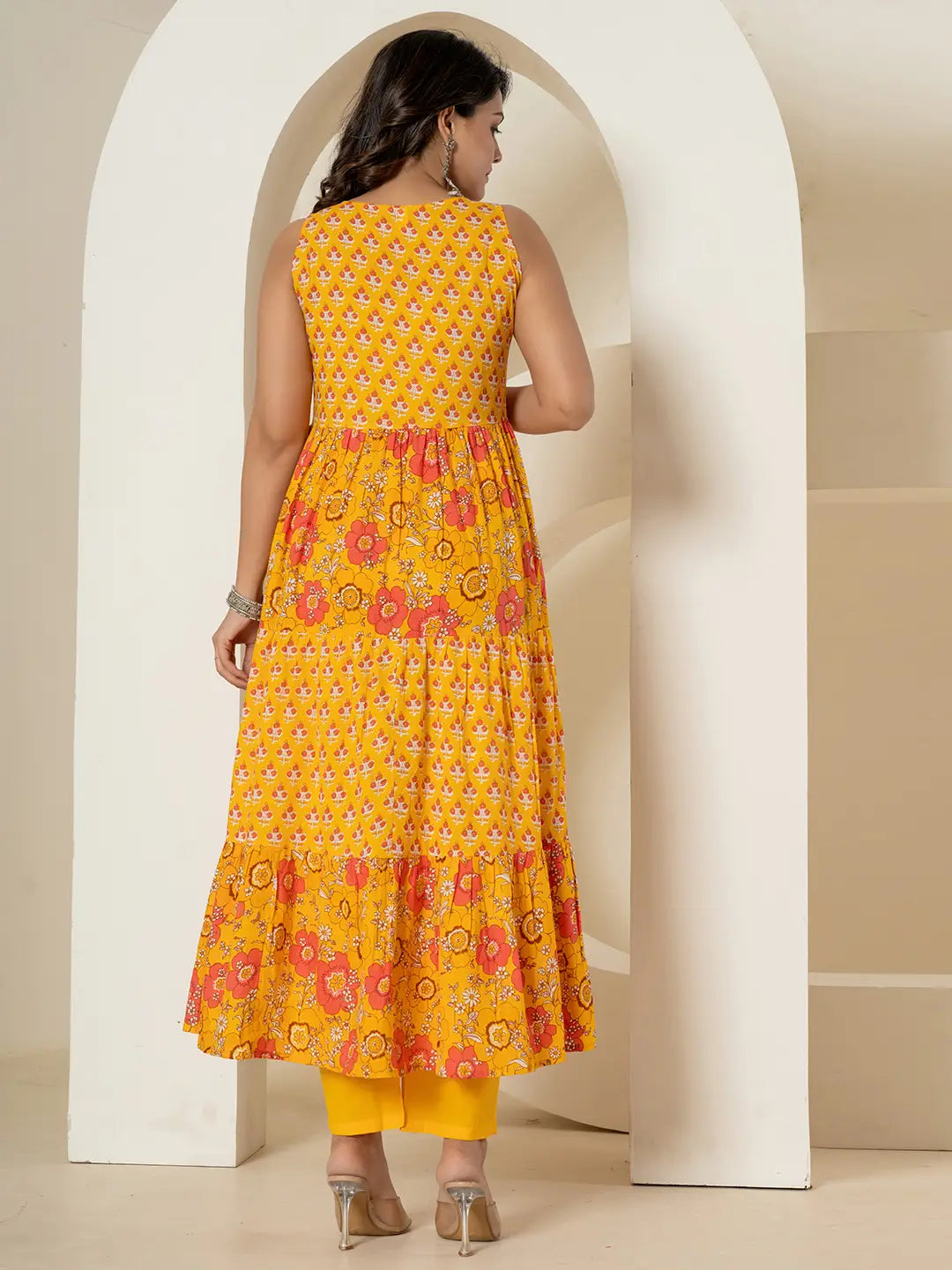 Yellow Pure Cotton Fit And Flare Tiered Kurta Trouser &amp; Dupatta Set