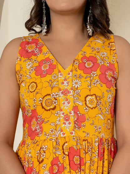 Yellow Pure Cotton Fit And Flare Tiered Kurta Trouser & Dupatta Set