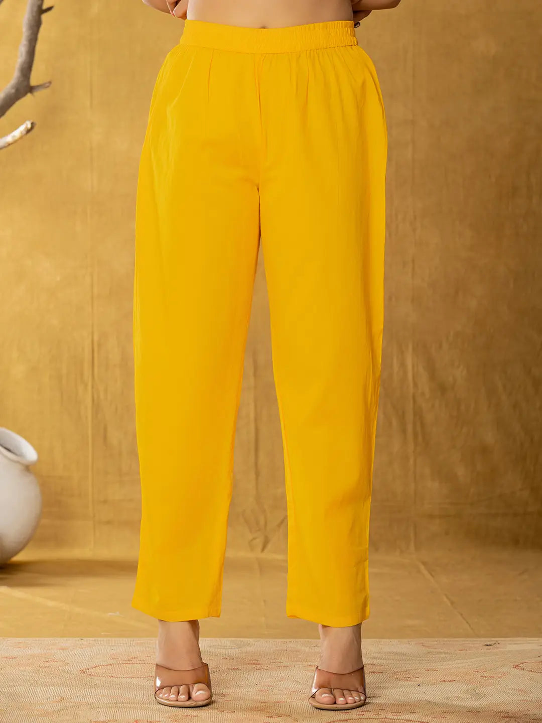 Yellow Pure Cotton Fit And Flare Tiered Kurta Trouser &amp; Dupatta Set