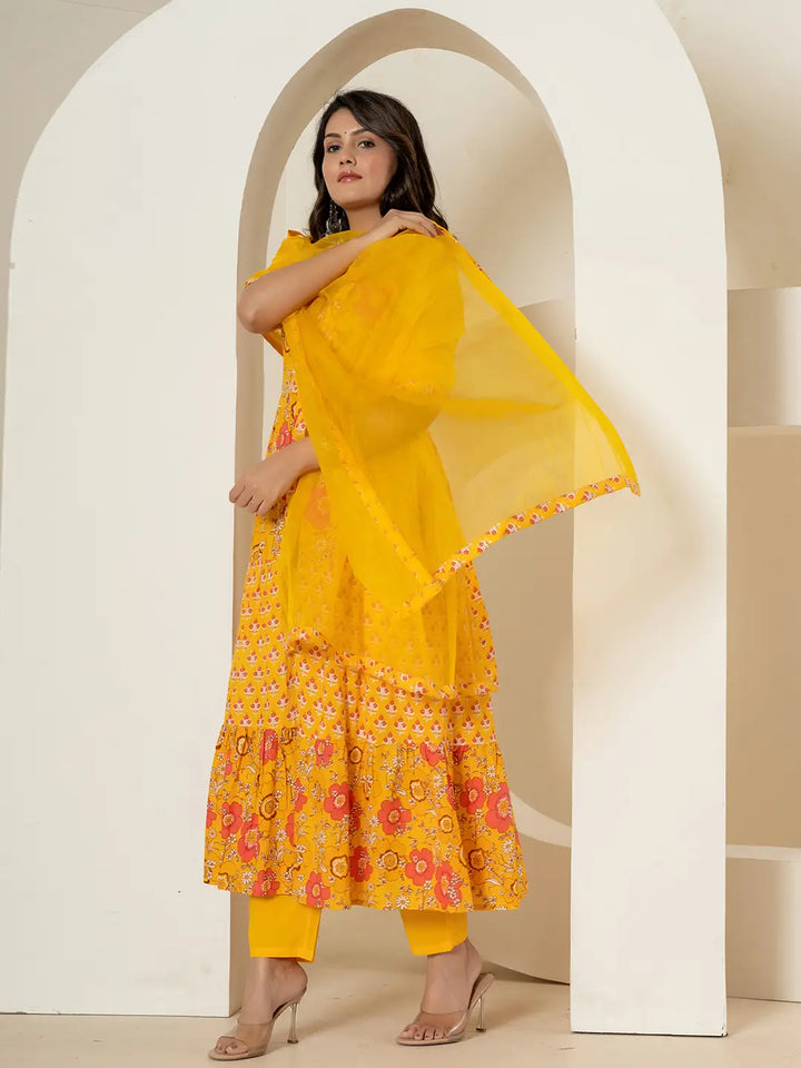 Yellow Pure Cotton Fit And Flare Tiered Kurta Trouser &amp; Dupatta Set