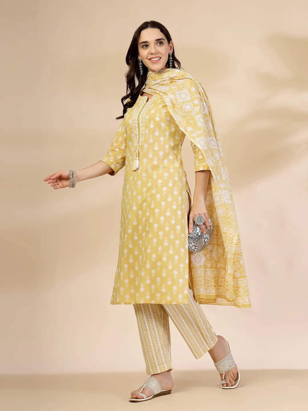 Yellow Pure Cotton Floral Lace Work Kurta Dupatta Pant Set