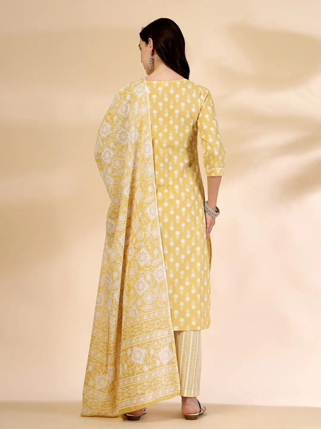 Yellow Pure Cotton Floral Lace Work Kurta Dupatta Pant Set