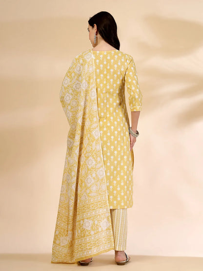 Yellow Pure Cotton Floral Lace Work Kurta Dupatta Pant Set