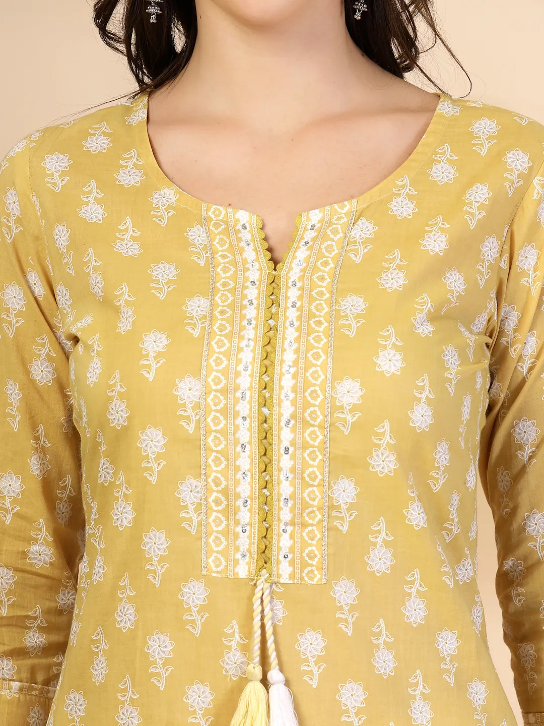 Yellow Pure Cotton Floral Lace Work Kurta Dupatta Pant Set
