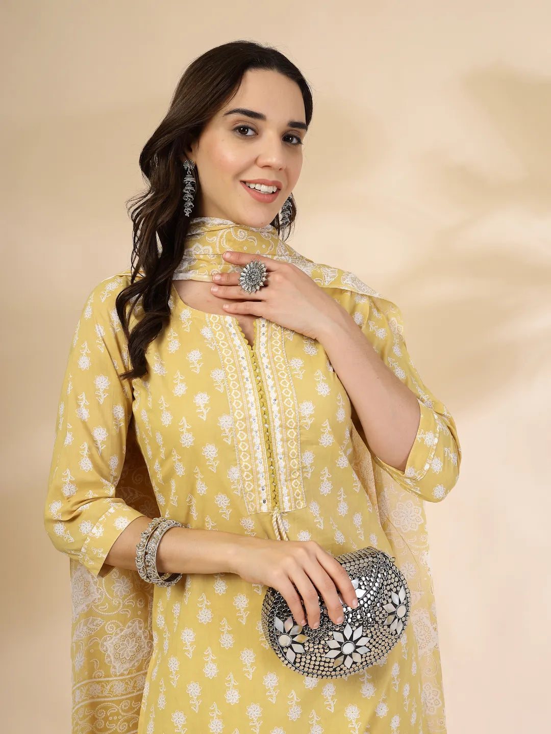 Yellow Pure Cotton Floral Lace Work Kurta Dupatta Pant Set