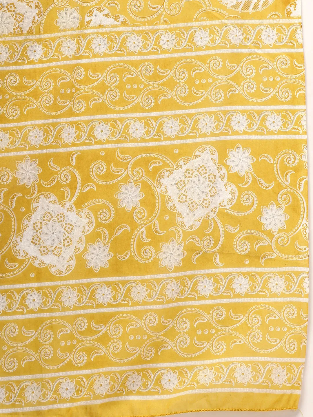 Yellow Pure Cotton Floral Lace Work Kurta Dupatta Pant Set