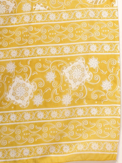 Yellow Pure Cotton Floral Lace Work Kurta Dupatta Pant Set