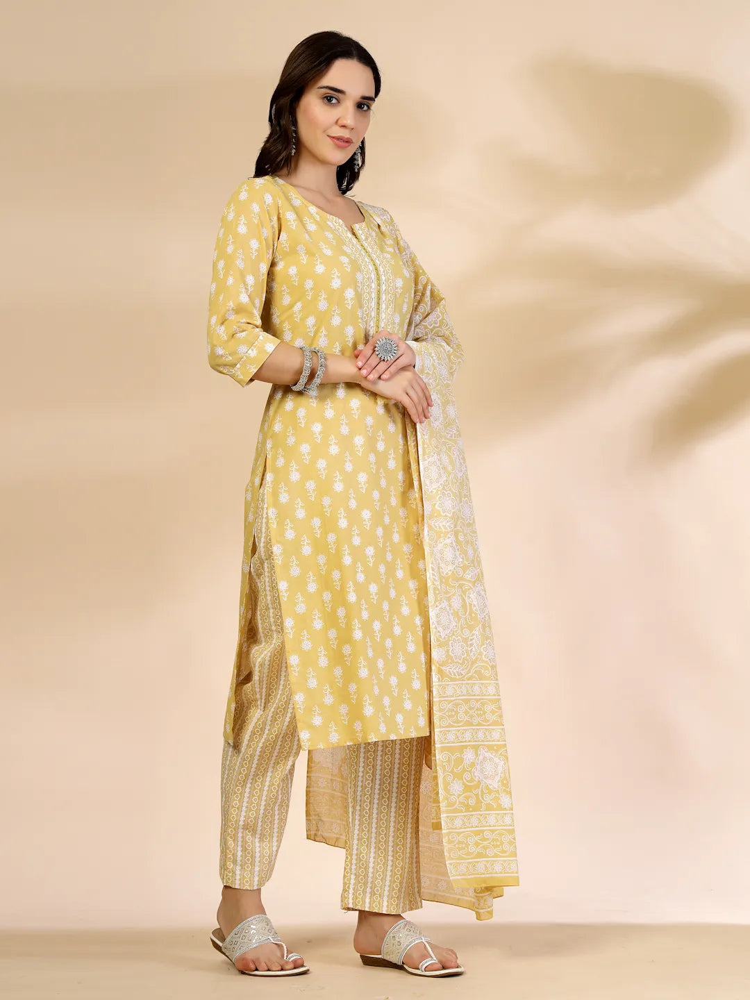 Yellow Pure Cotton Floral Lace Work Kurta Dupatta Pant Set