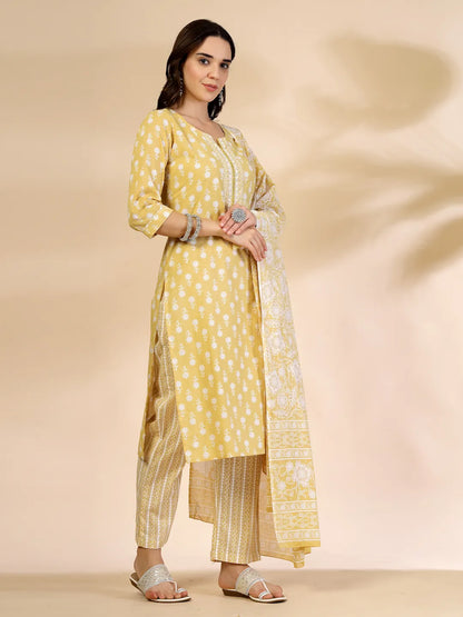 Yellow Pure Cotton Floral Lace Work Kurta Dupatta Pant Set