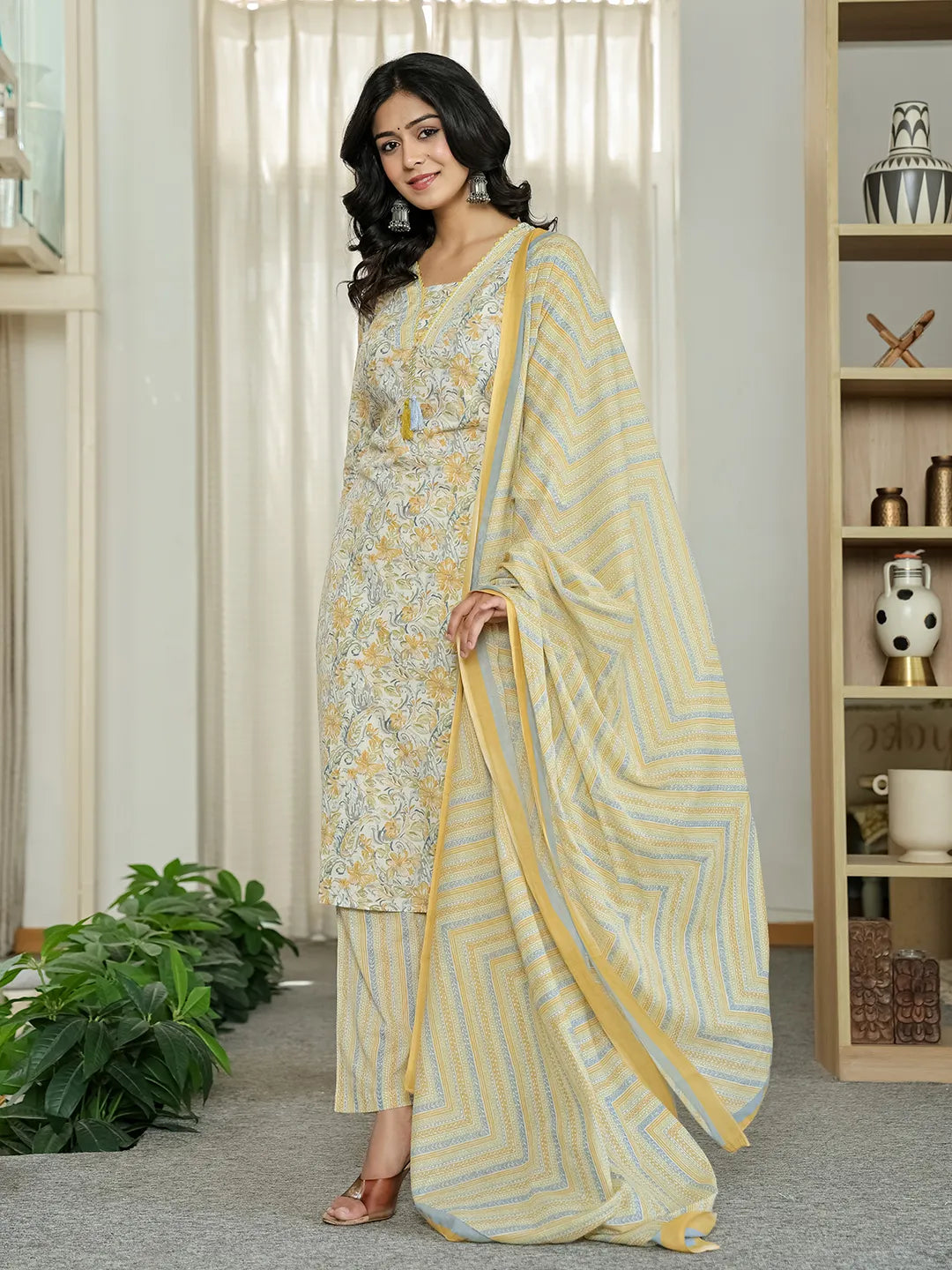 Yellow Pure Cotton Floral Print Kurta Dupatta Pant Set