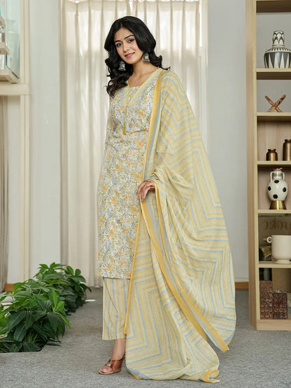 Yellow Pure Cotton Floral Print Kurta Dupatta Pant Set