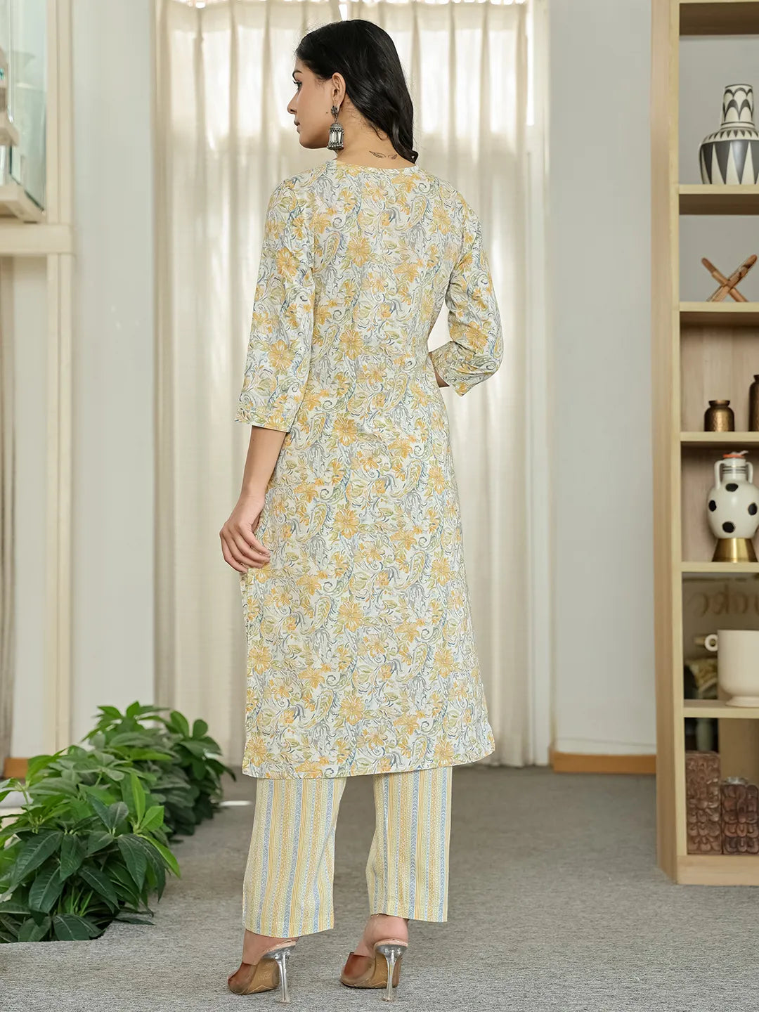 Yellow Pure Cotton Floral Print Kurta Dupatta Pant Set