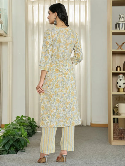 Yellow Pure Cotton Floral Print Kurta Dupatta Pant Set