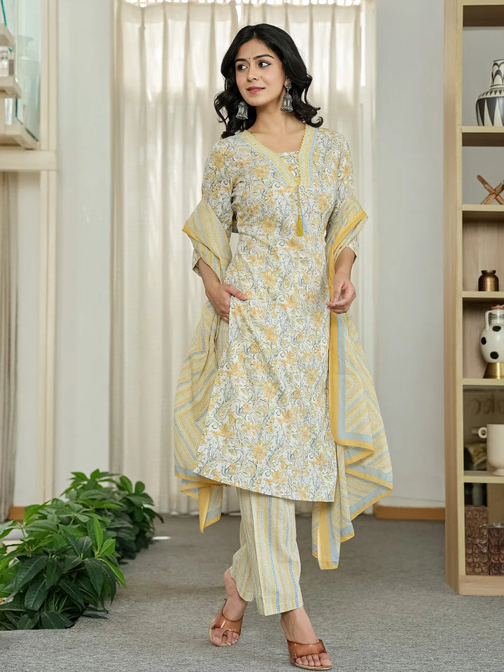 Yellow Pure Cotton Floral Print Kurta Dupatta Pant Set
