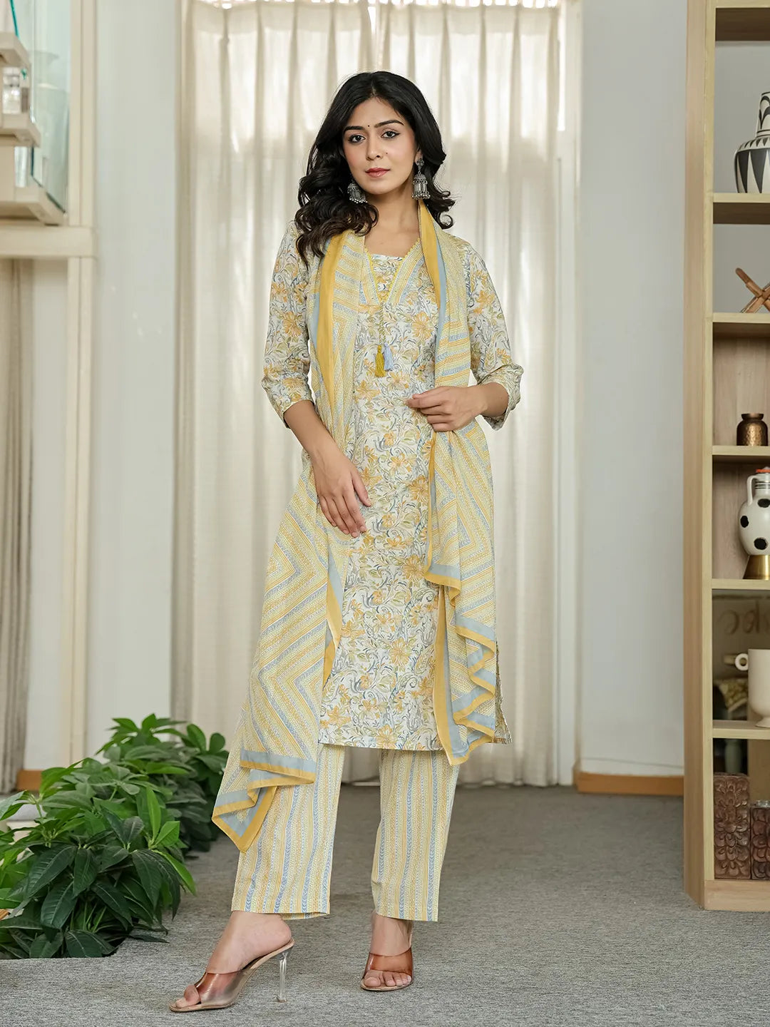 Yellow Pure Cotton Floral Print Kurta Dupatta Pant Set