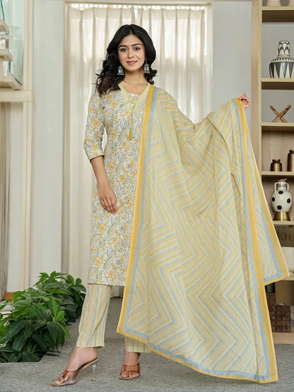 Yellow Pure Cotton Floral Print Kurta Dupatta Pant Set