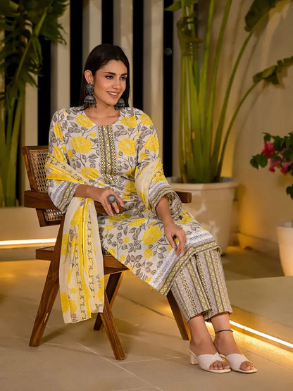 Yellow Pure Cotton Floral Print Kurta With Trousers And Dupatta Set