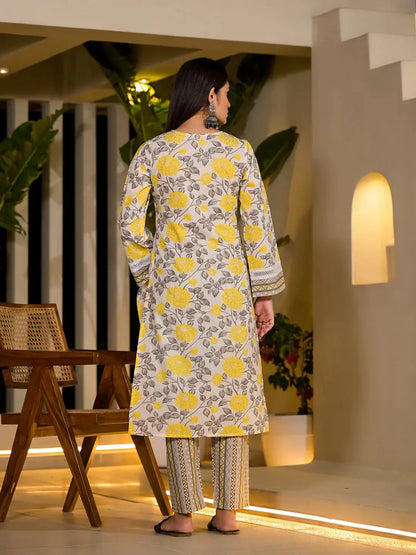 Yellow Pure Cotton Floral Print Kurta With Trousers And Dupatta Set